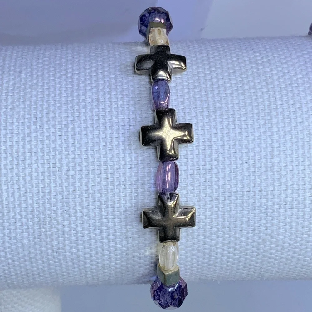 Regal 3 Cross Bracelet Purple Amethyst February Birthstone Religious Beaded